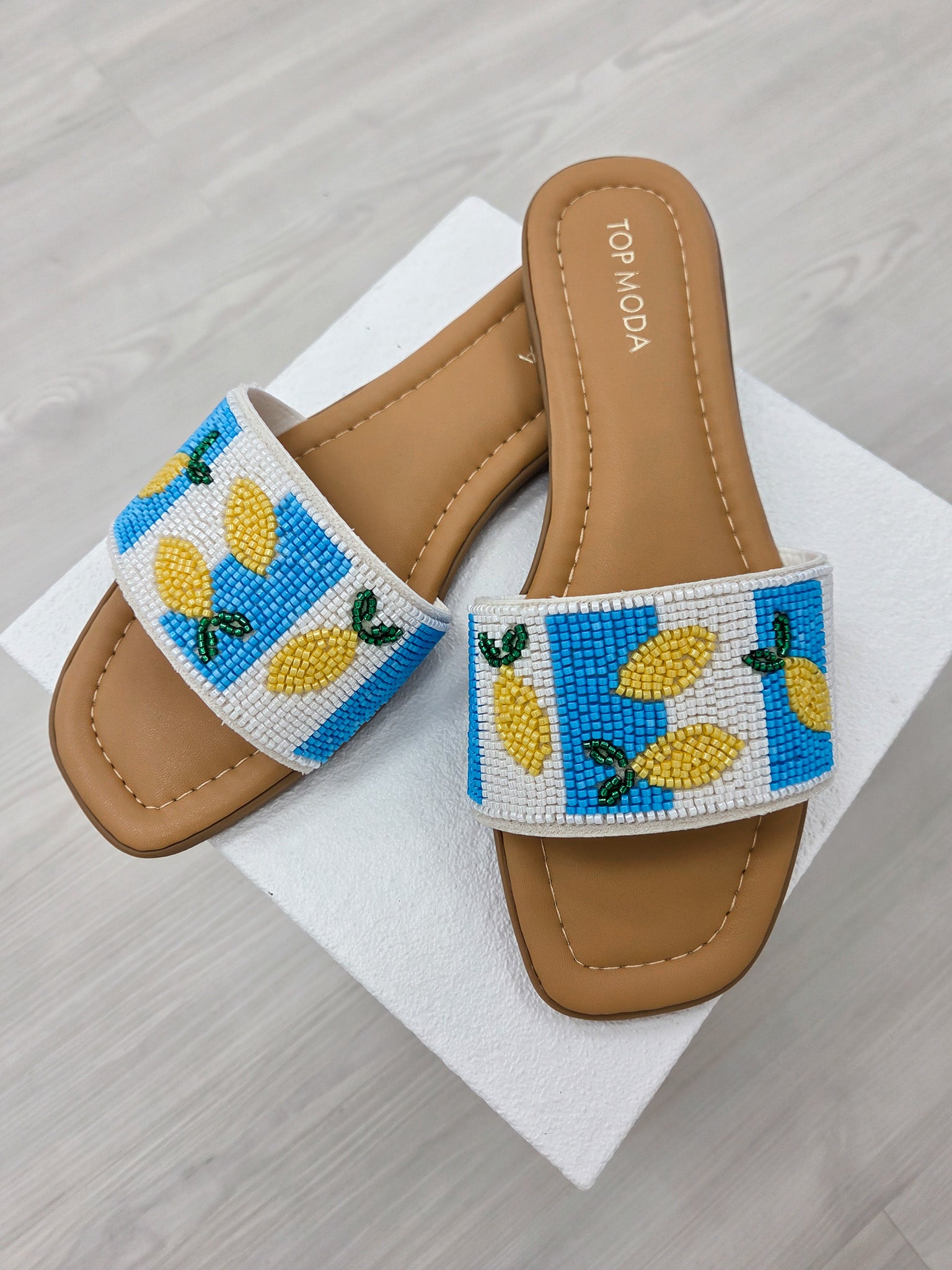 Beaded Lemon Embroidered Flat Slide Sandals