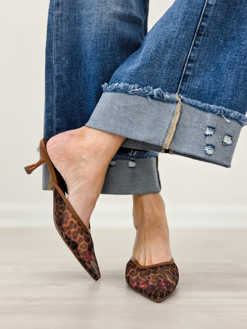 Leopard Print Sheer Mesh Pointed Toe Mule Heels