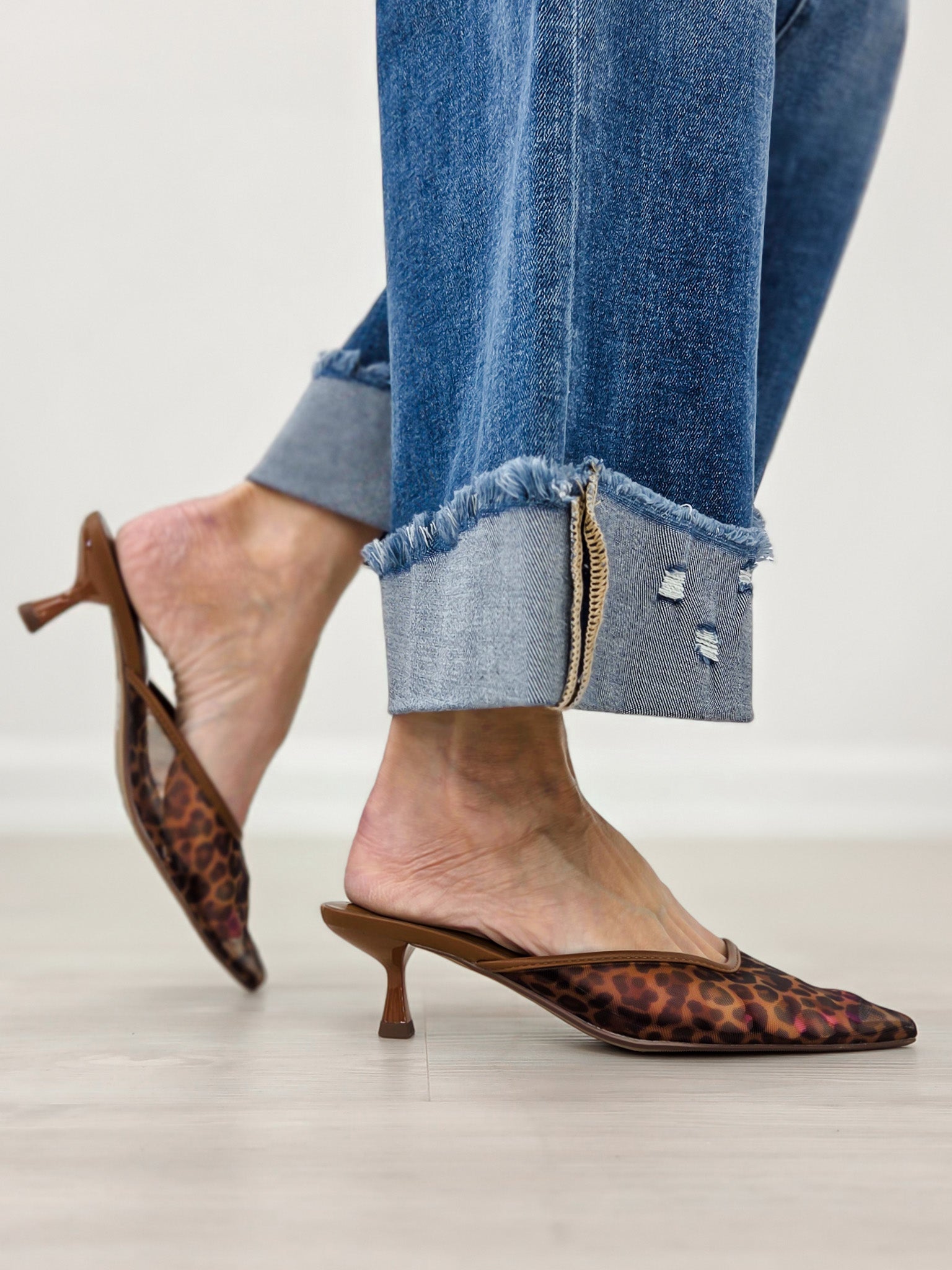 Leopard Print Sheer Mesh Pointed Toe Mule Heels