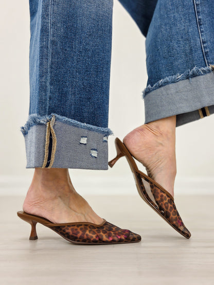 Leopard Print Sheer Mesh Pointed Toe Mule Heels