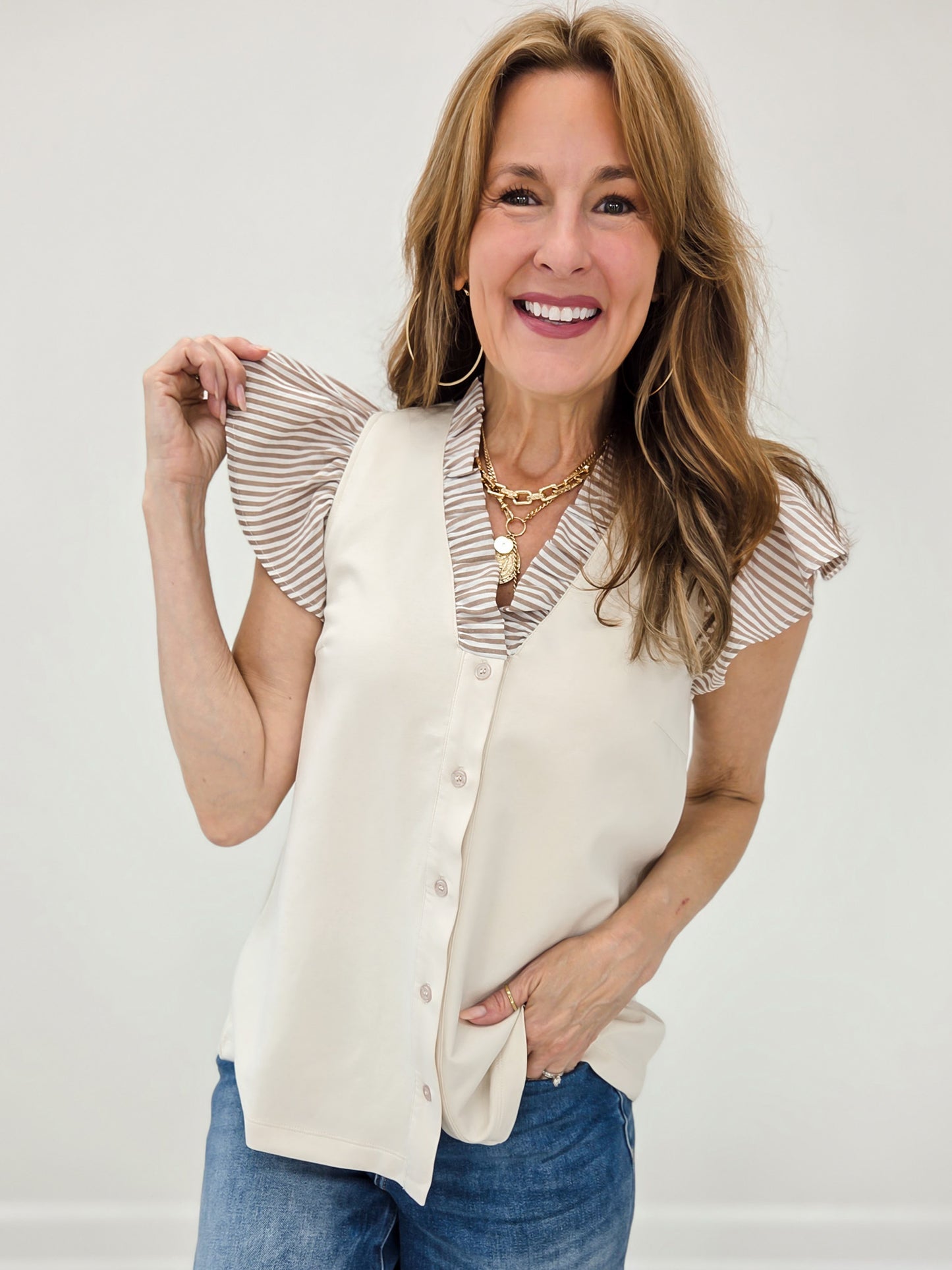 Frilled V-Mock Button Down Striped Ruffle Sleeve Top