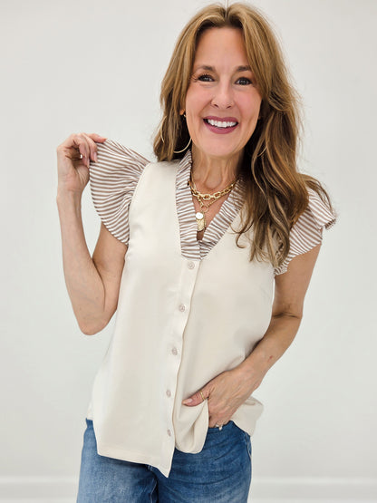 Frilled V-Mock Button Down Striped Ruffle Sleeve Top