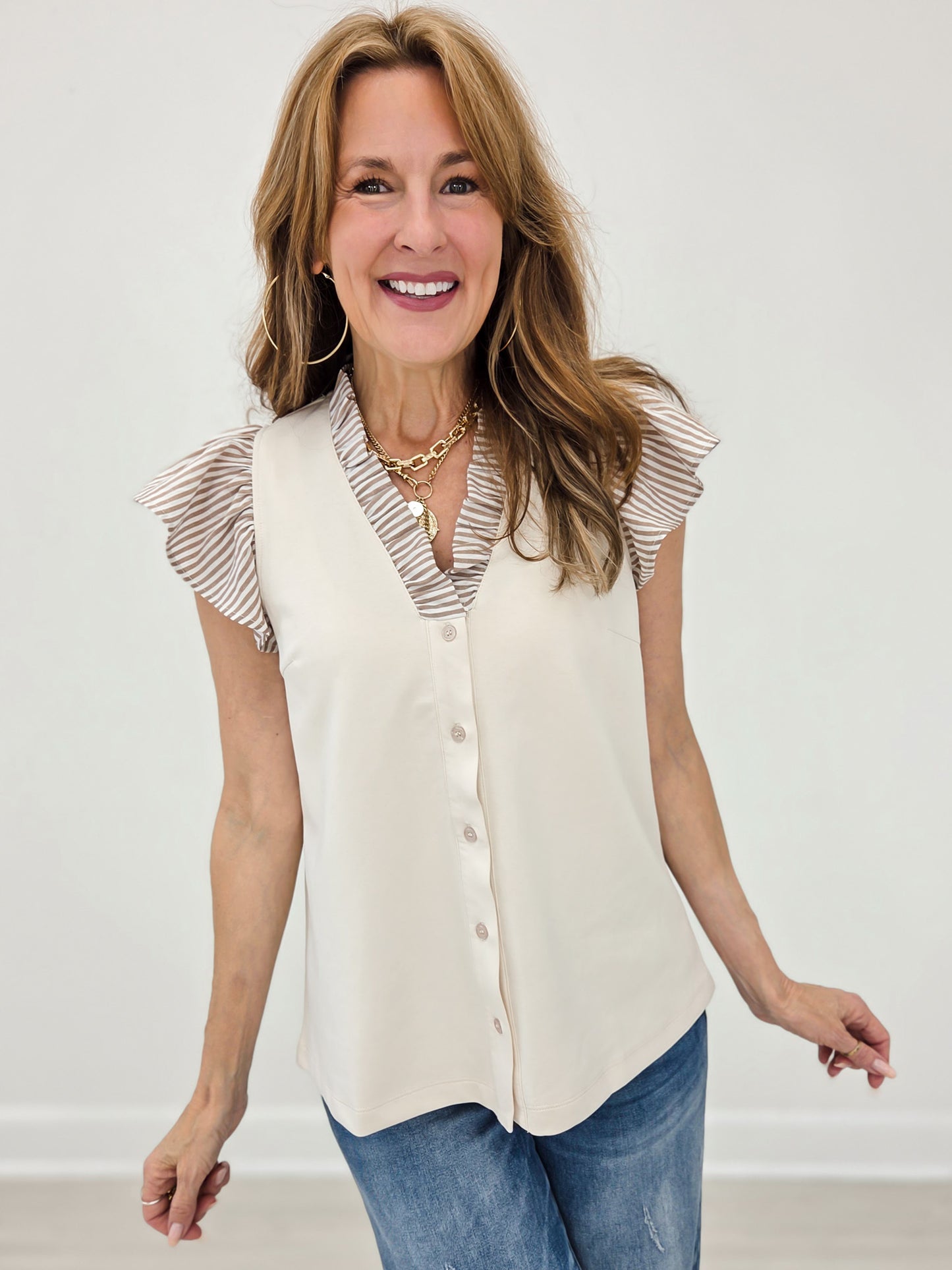 Frilled V-Mock Button Down Striped Ruffle Sleeve Top
