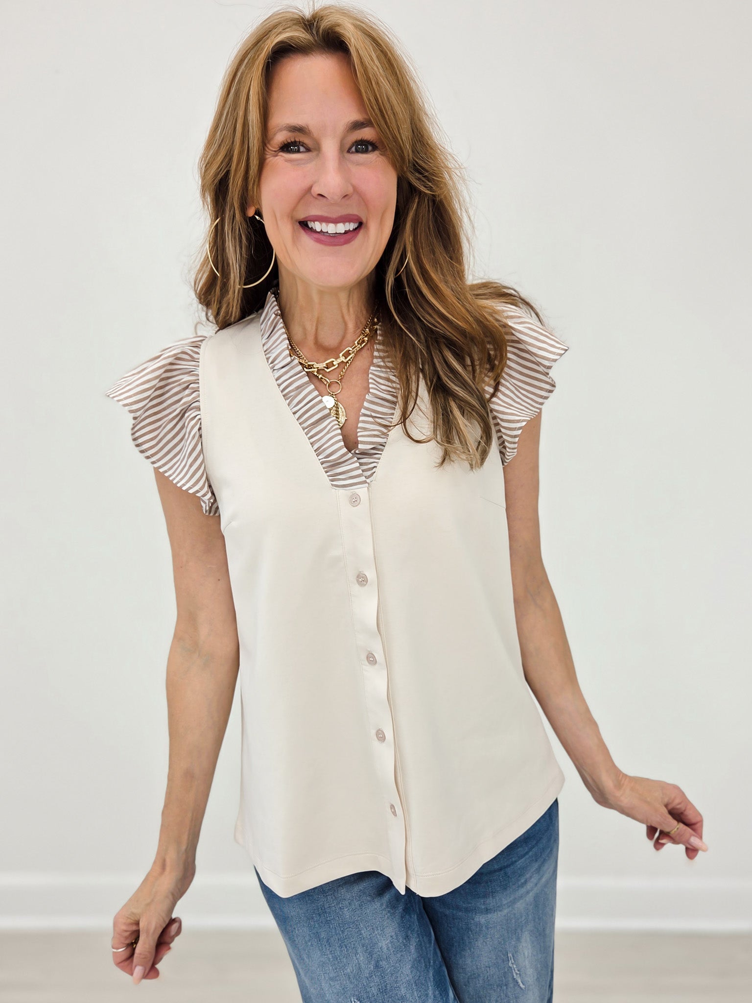 Frilled V-Mock Button Down Striped Ruffle Sleeve Top