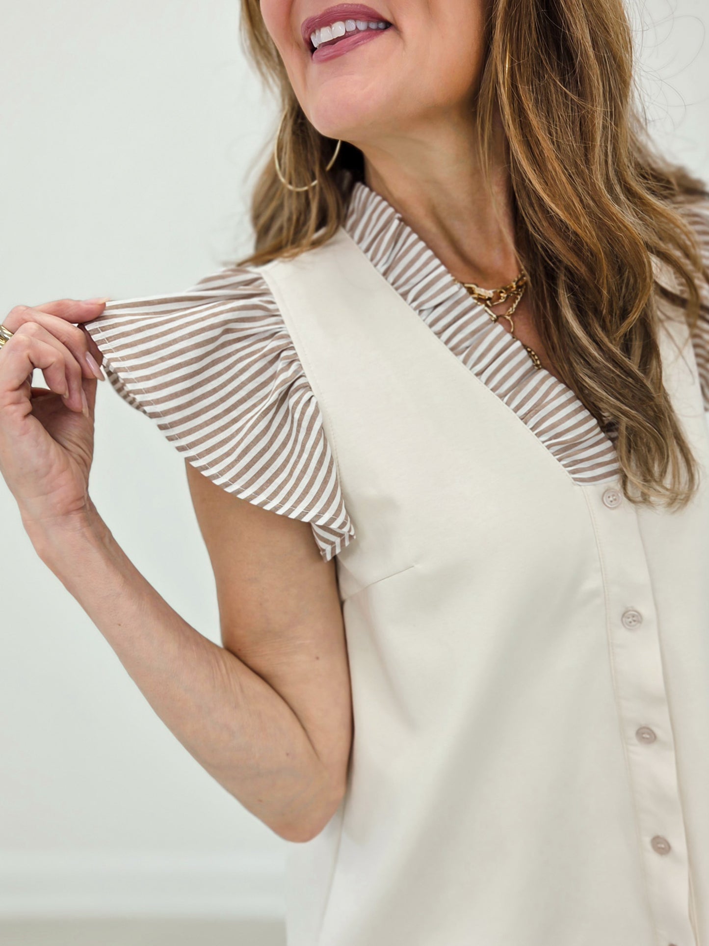 Frilled V-Mock Button Down Striped Ruffle Sleeve Top
