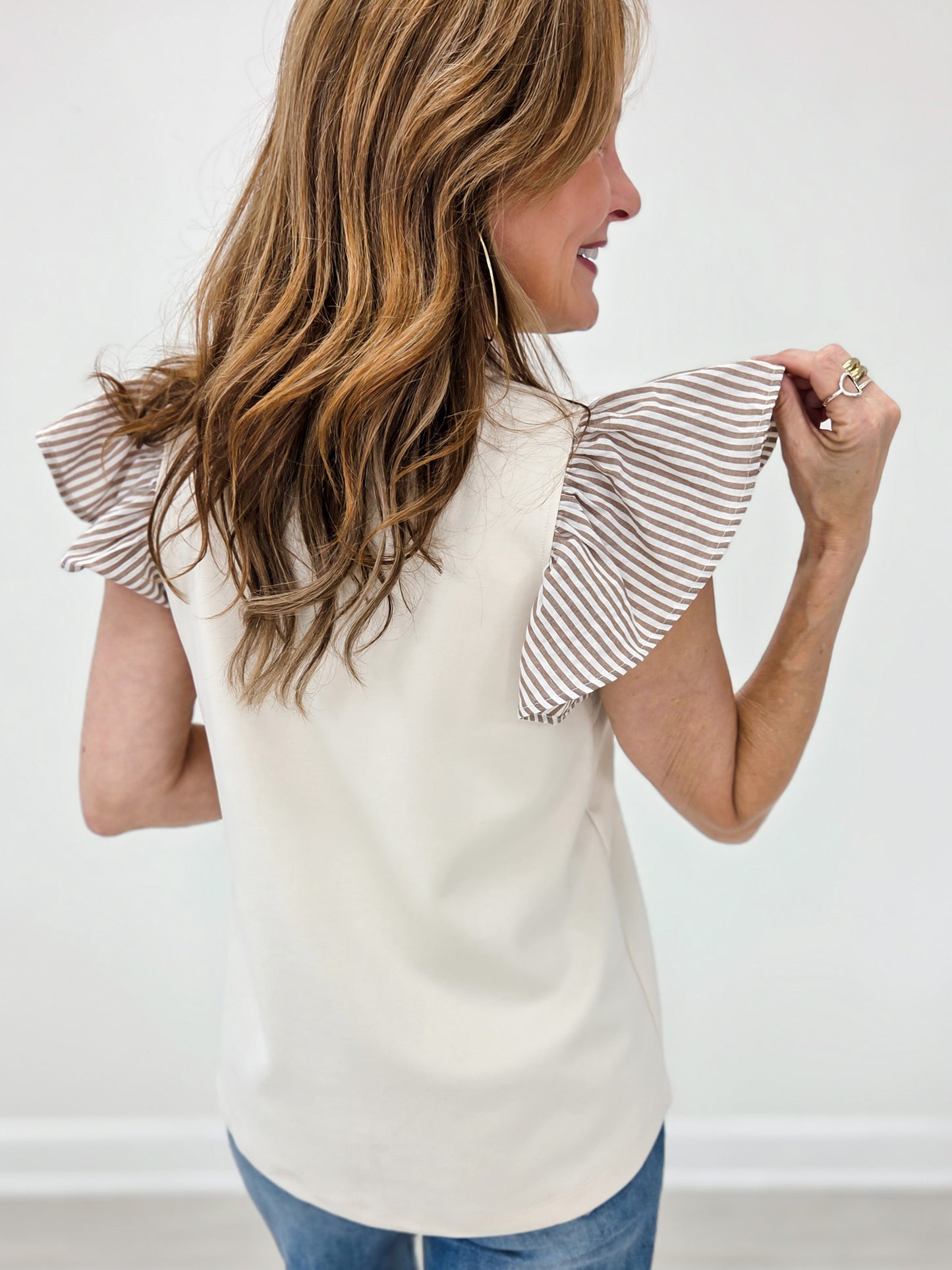 Frilled V-Mock Button Down Striped Ruffle Sleeve Top
