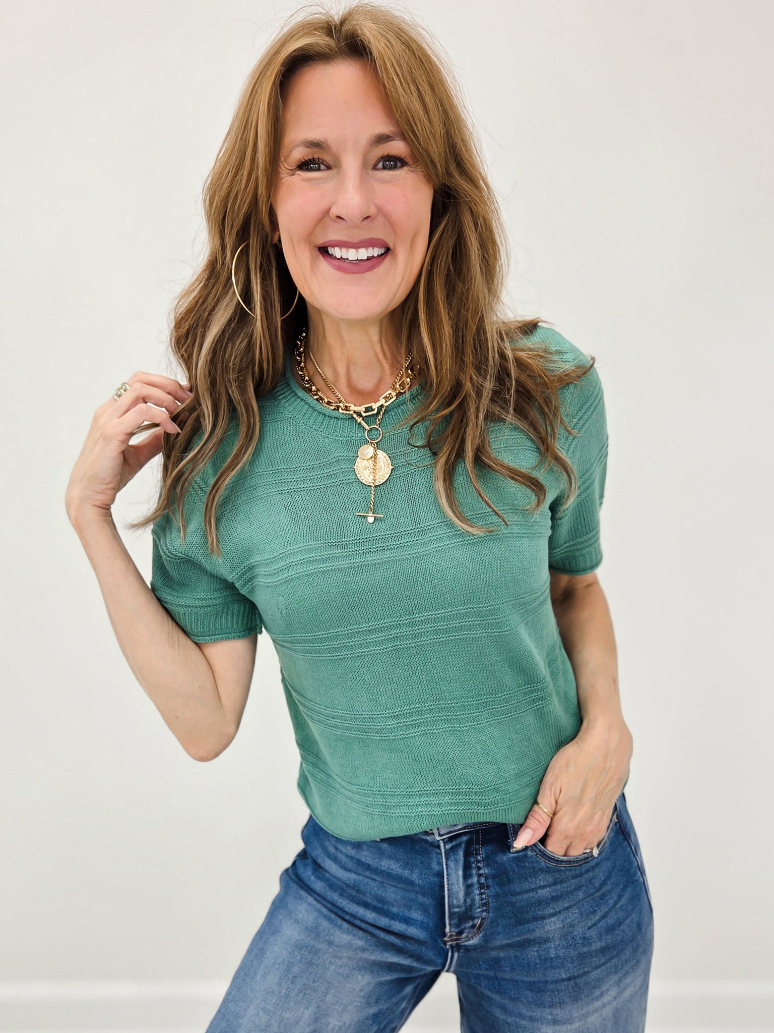 Texture Striped Short Sleeve Crew Neck Top with Raw Edges