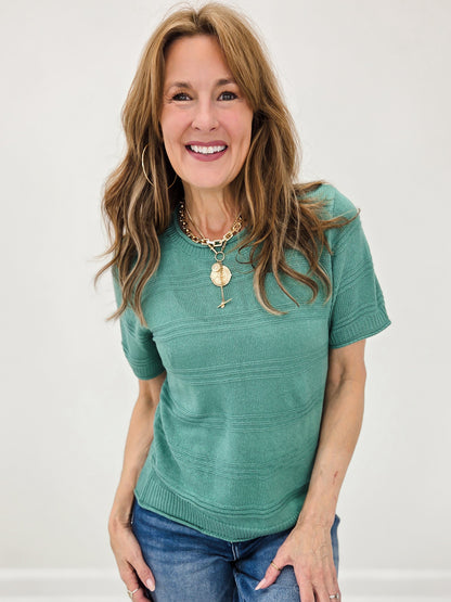 Texture Striped Short Sleeve Crew Neck Top with Raw Edges