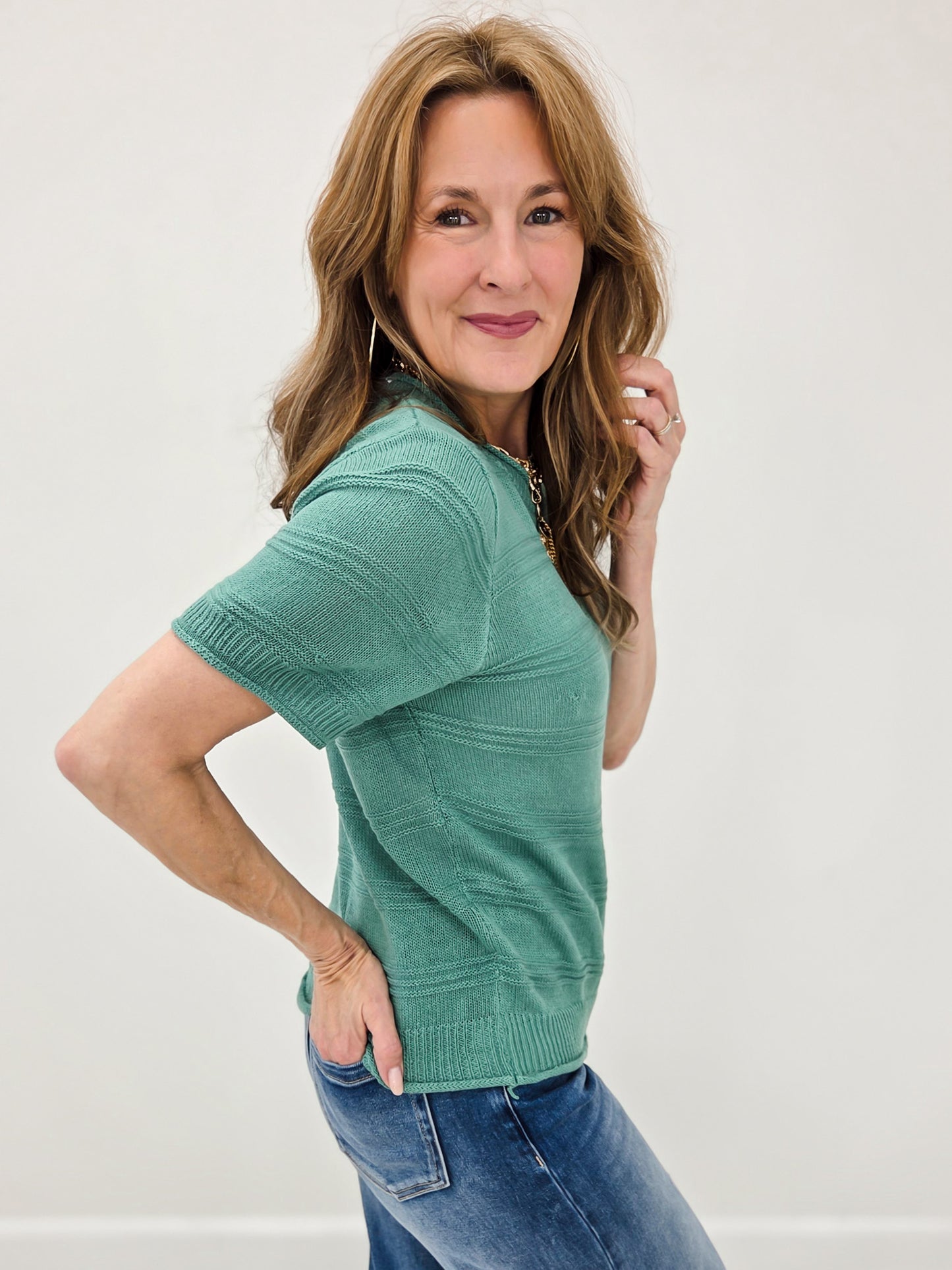 Texture Striped Short Sleeve Crew Neck Top with Raw Edges
