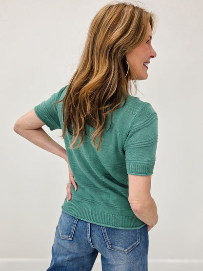 Texture Striped Short Sleeve Crew Neck Top with Raw Edges