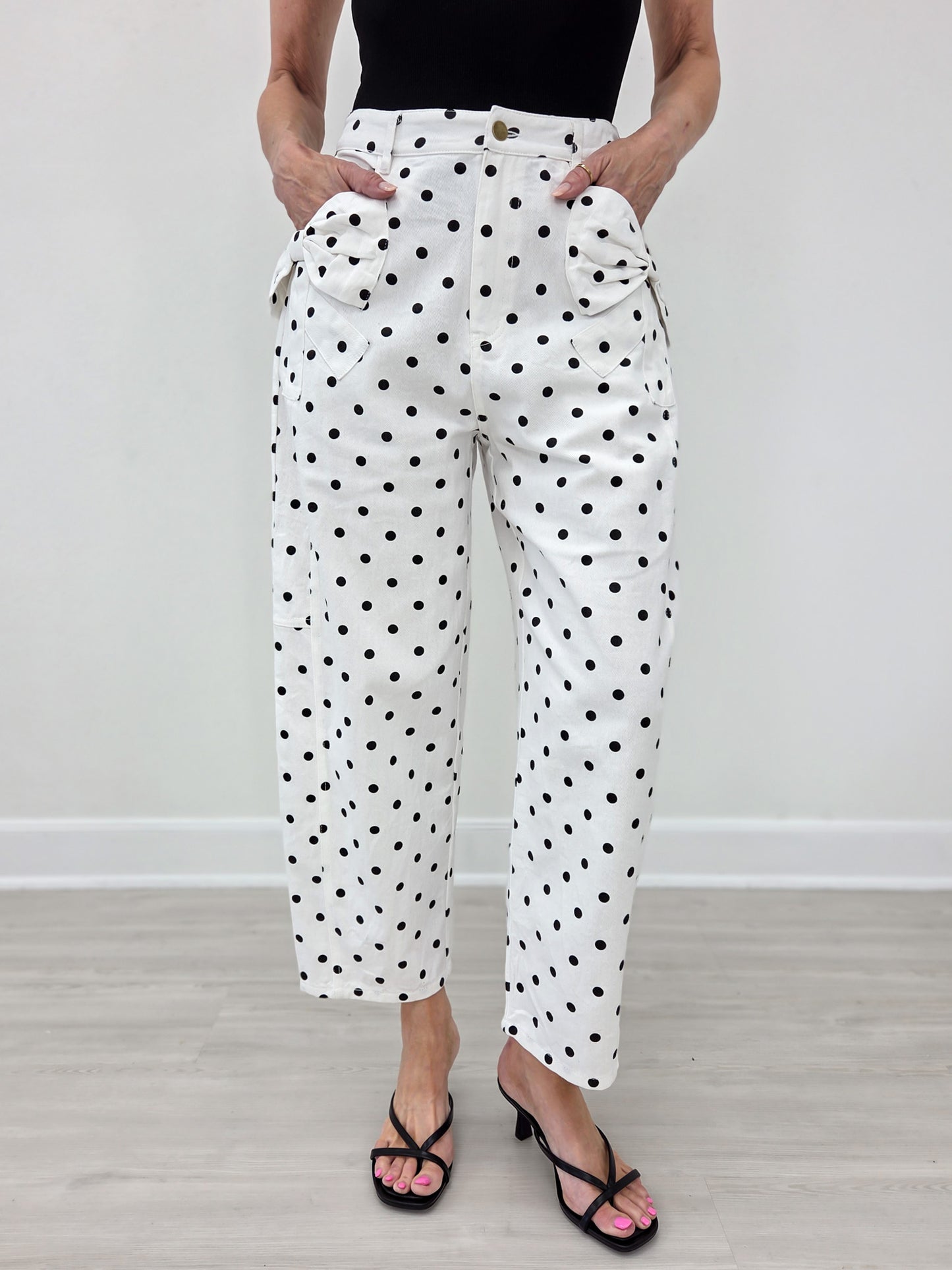 Hi-Rise Printed Denim with Polka Dot Pants in White