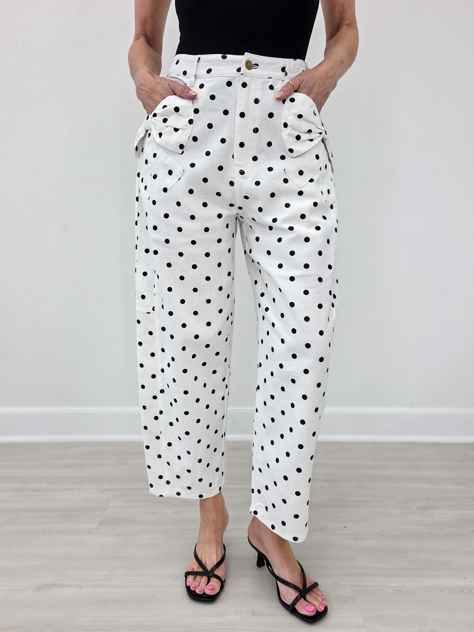 Hi-Rise Printed Denim with Polka Dot Pants in White