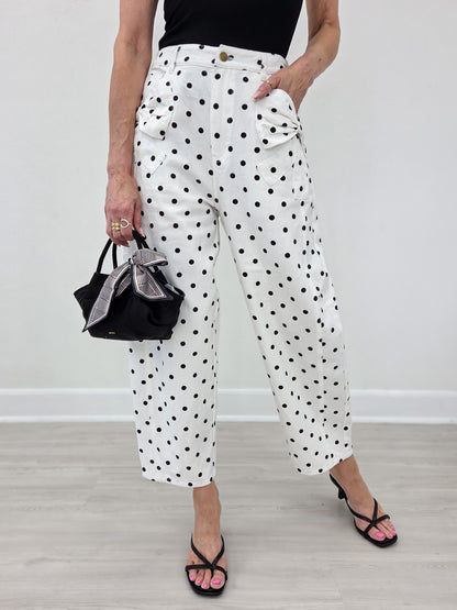 Hi-Rise Printed Denim with Polka Dot Pants in White