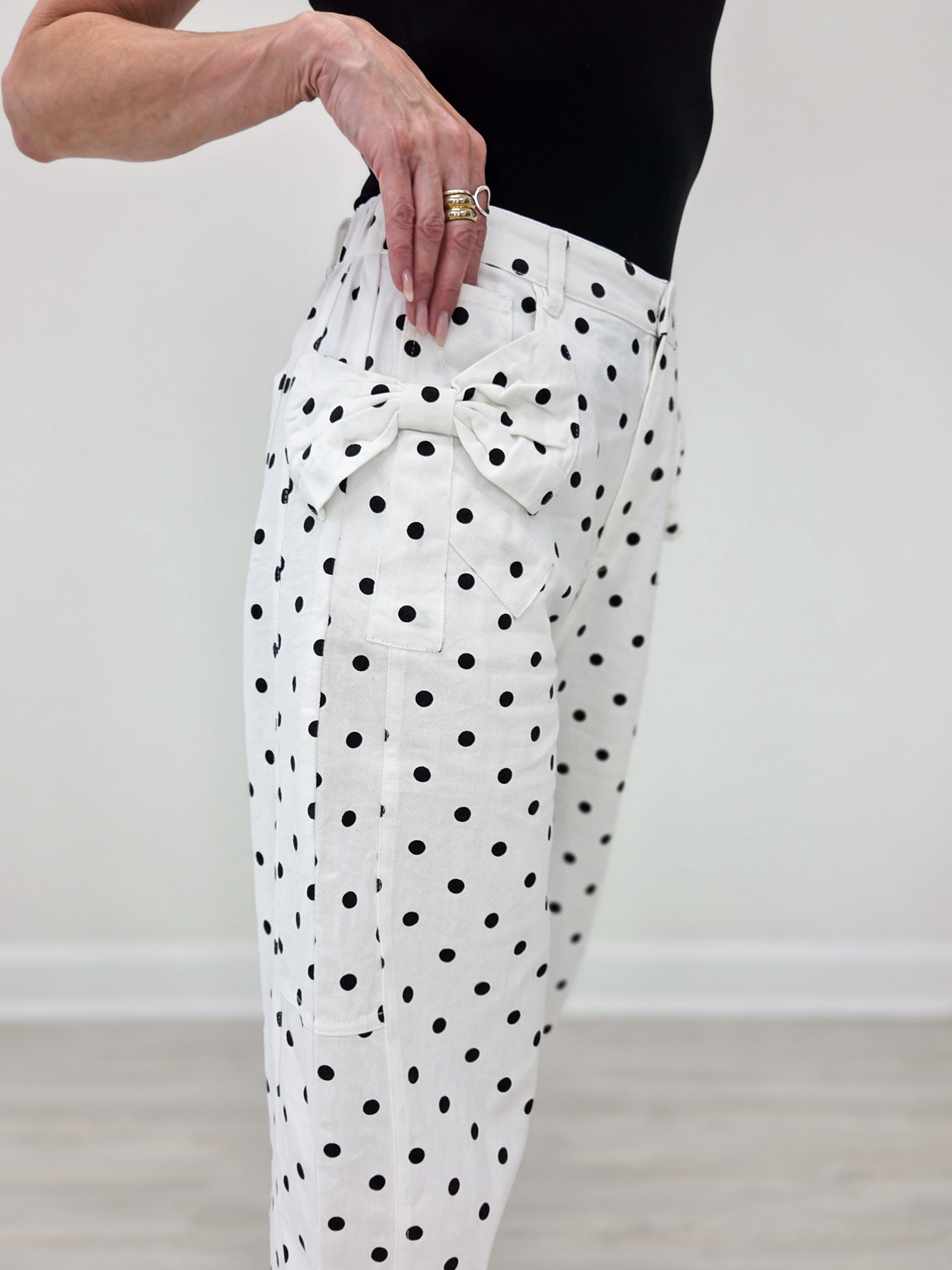 Hi-Rise Printed Denim with Polka Dot Pants in White