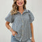 Washed Denim Short Puff Sleeve Button Down Top
