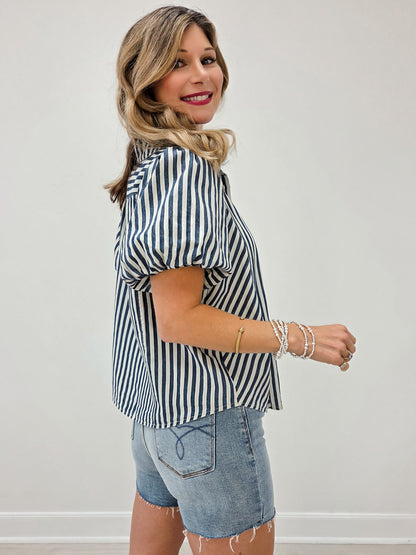 Washed Denim Short Puff Sleeve Button Down Top