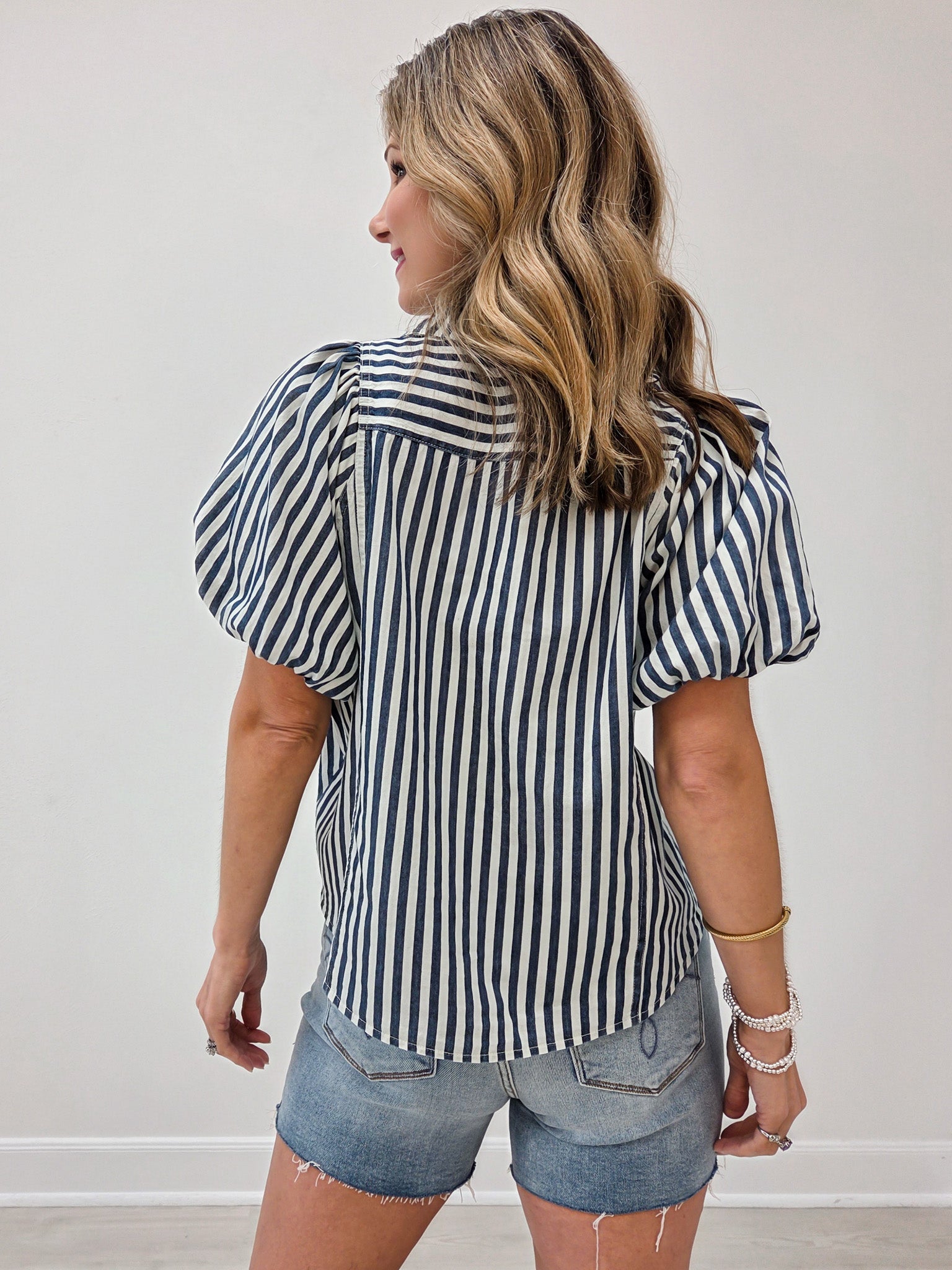 Washed Denim Short Puff Sleeve Button Down Top