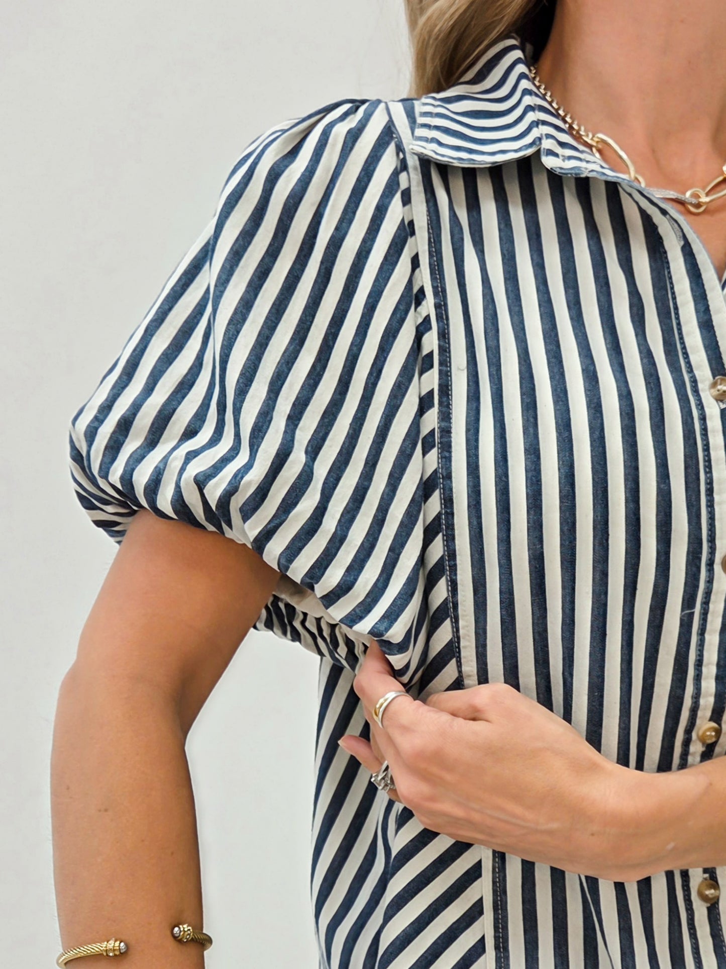 Washed Denim Short Puff Sleeve Button Down Top