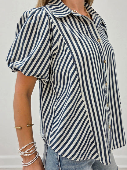 Washed Denim Short Puff Sleeve Button Down Top