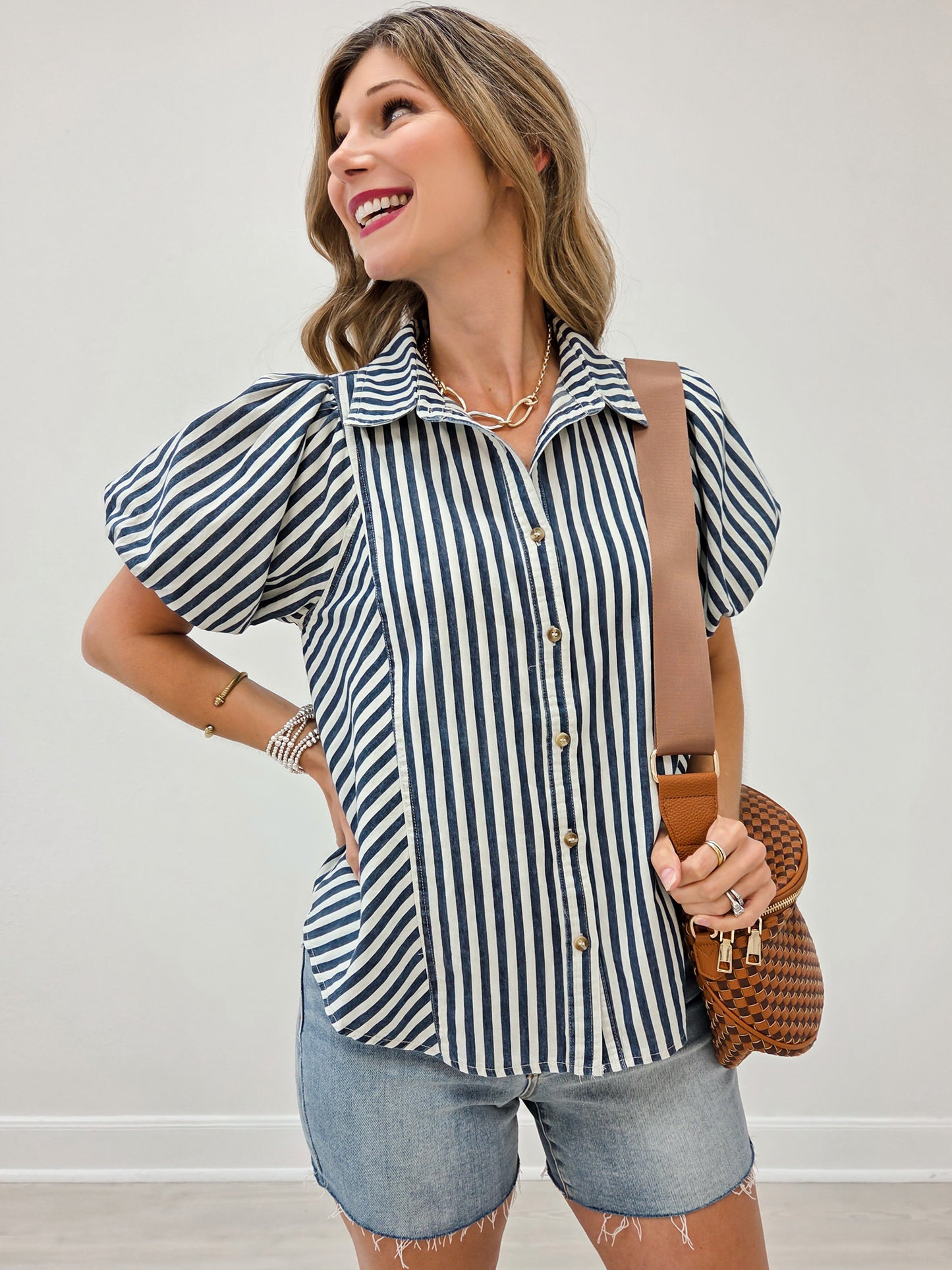 Washed Denim Short Puff Sleeve Button Down Top