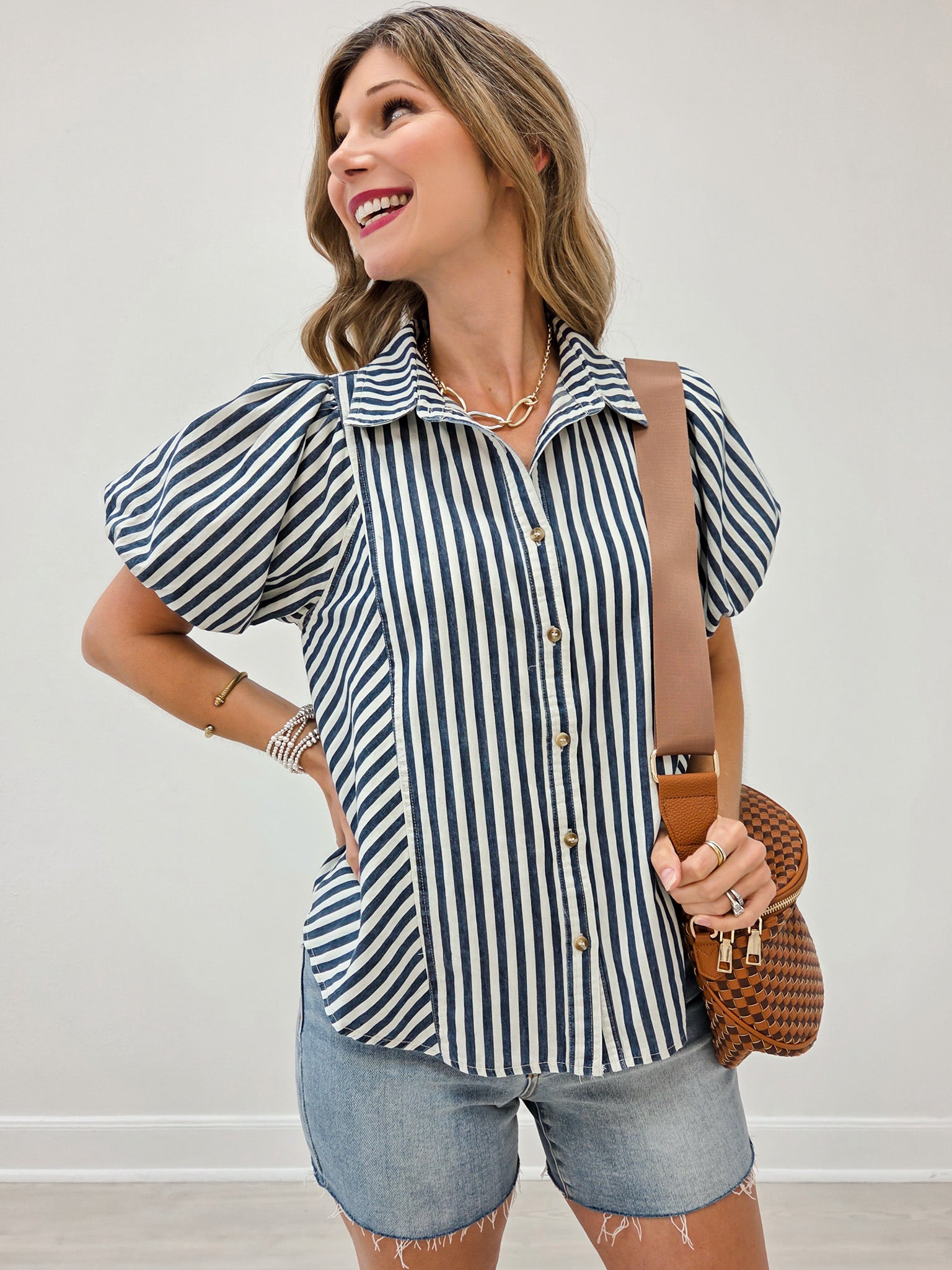 Washed Denim Short Puff Sleeve Button Down Top