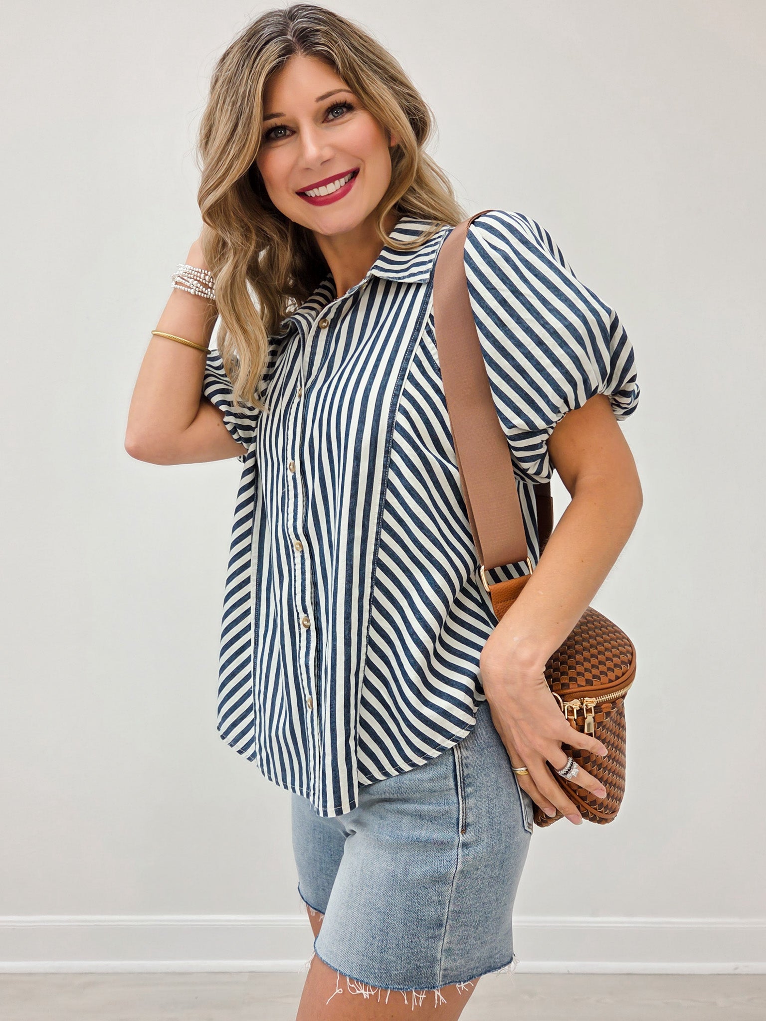 Washed Denim Short Puff Sleeve Button Down Top