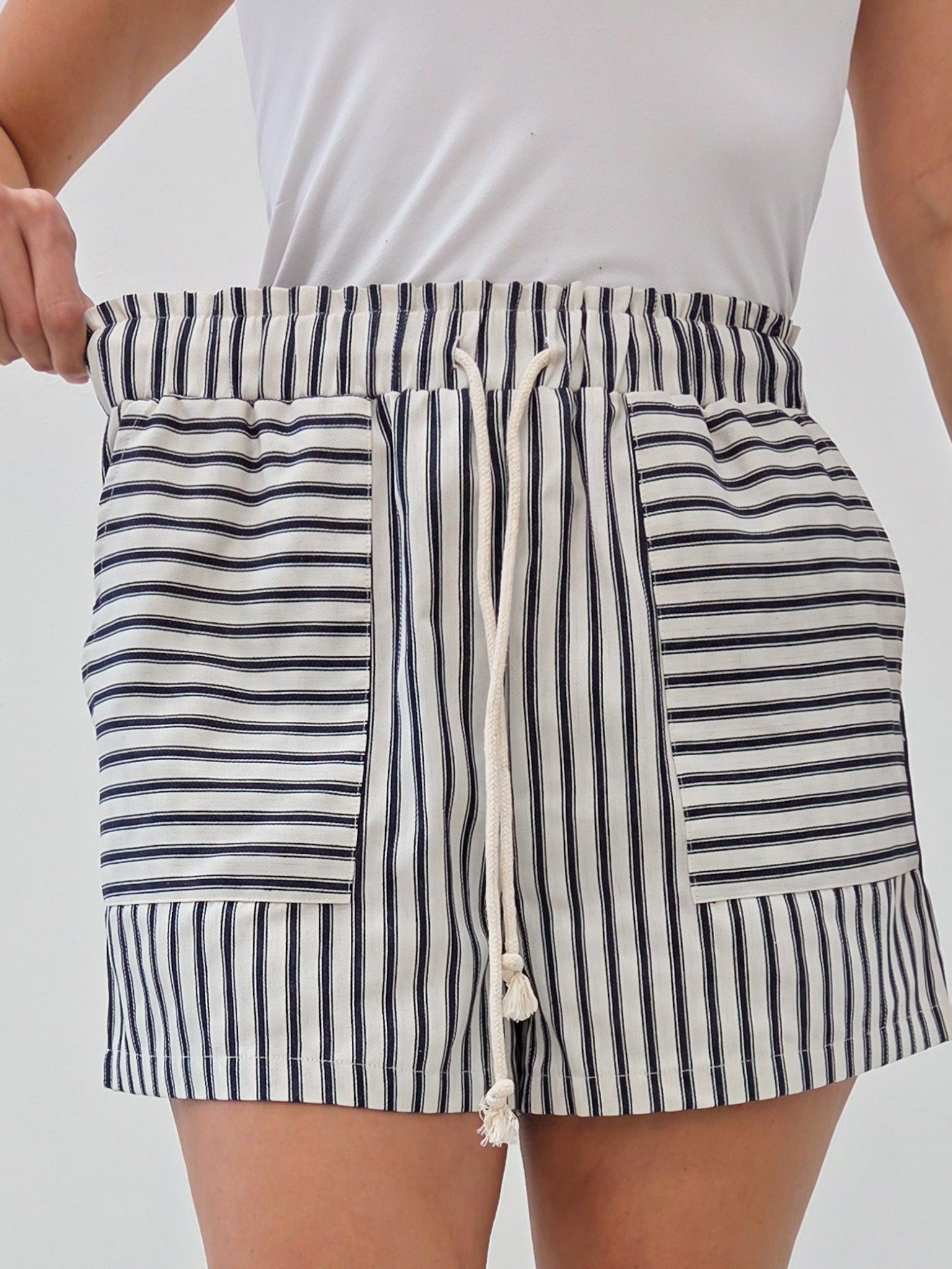 Striped Cotton Paperbag Mini Shorts