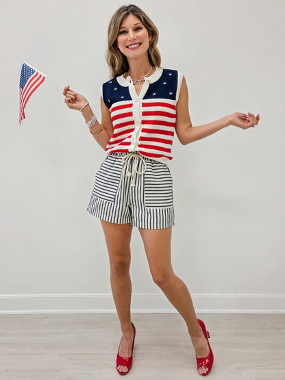 Striped Cotton Paperbag Mini Shorts