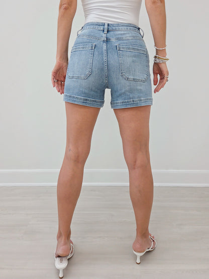 Stretch High Rise Front Pocket Denim Shorts