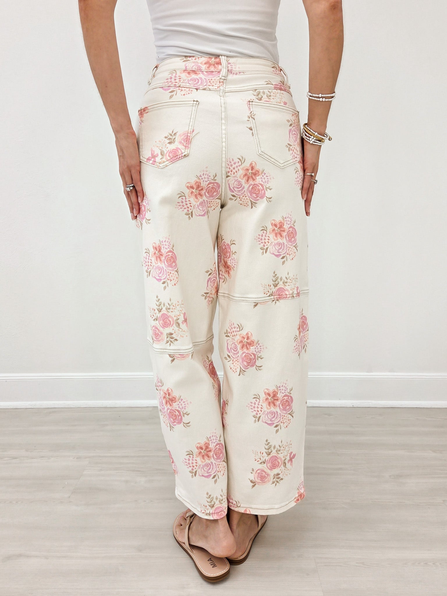 Floral Printed Denim Barrel Leg Pants