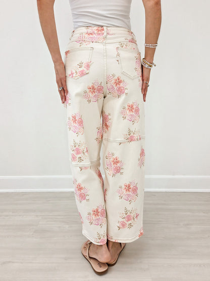 Floral Printed Denim Barrel Leg Pants