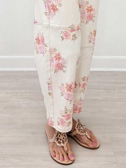 Floral Printed Denim Barrel Leg Pants