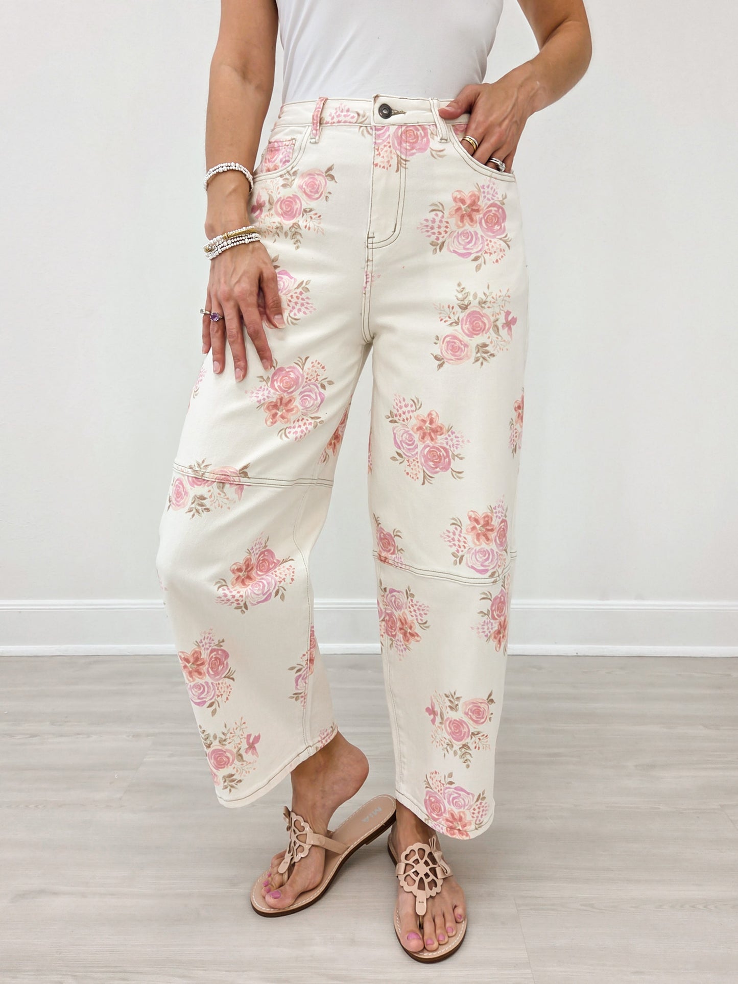 Floral Printed Denim Barrel Leg Pants