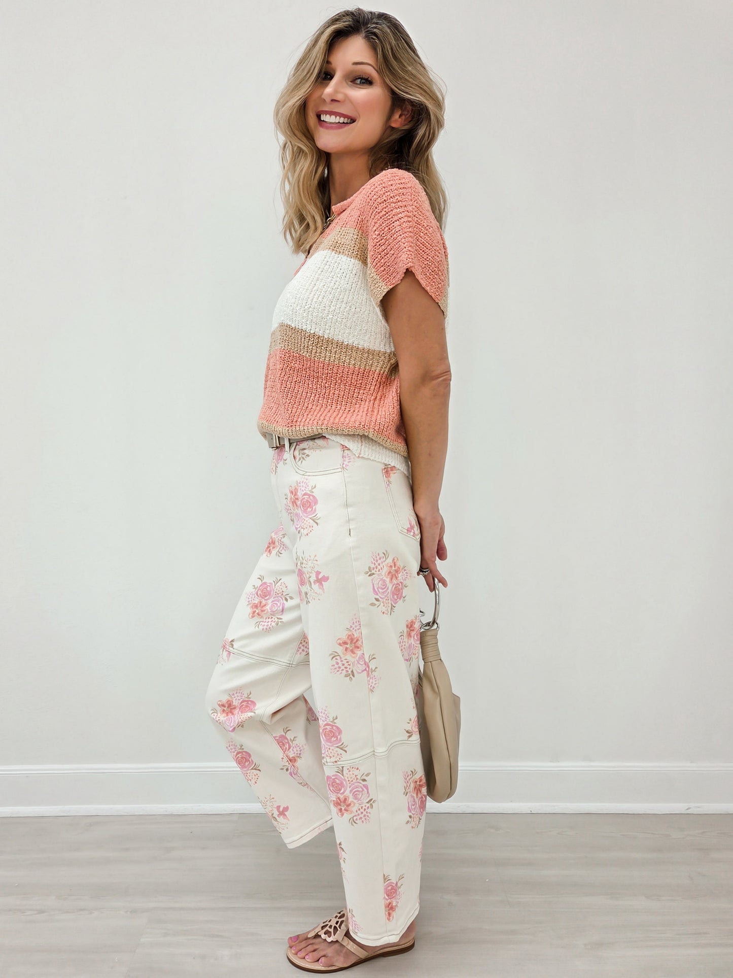 Floral Printed Denim Barrel Leg Pants