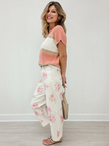 Floral Printed Denim Barrel Leg Pants