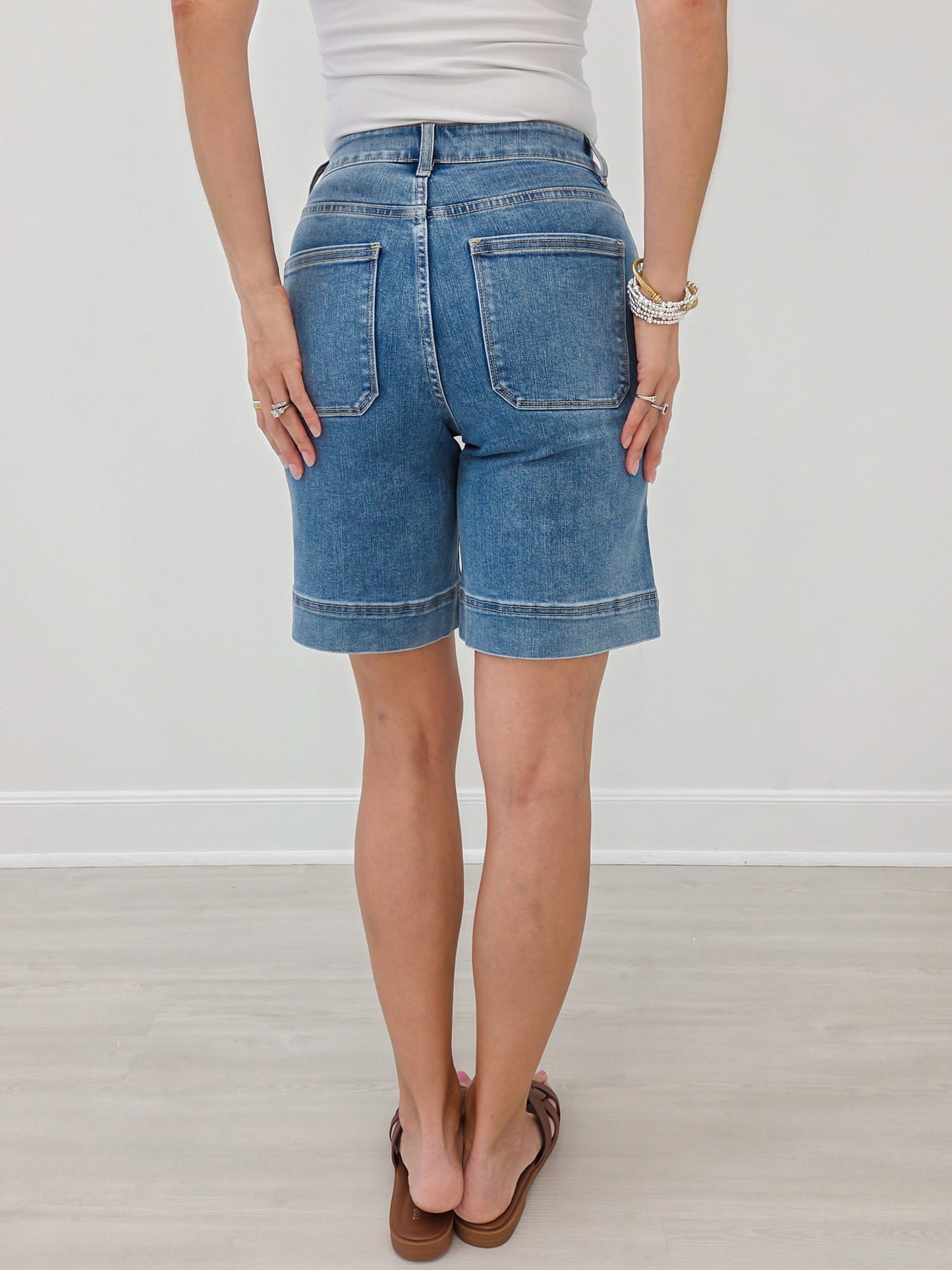 Stretch Denim Mid Thigh Girlfriend Shorts