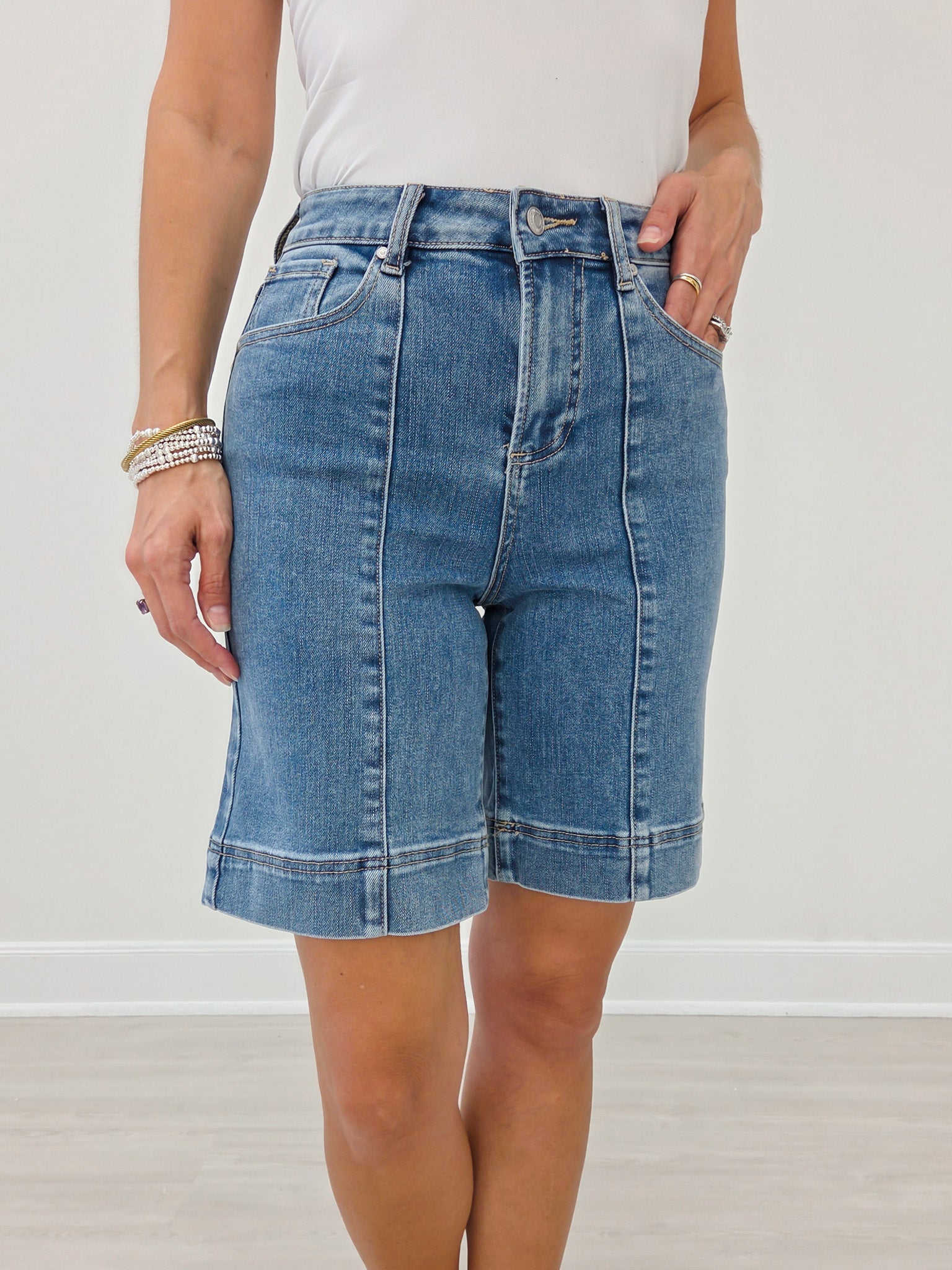 Stretch Denim Mid Thigh Girlfriend Shorts