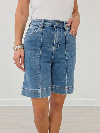 Stretch Denim Mid Thigh Girlfriend Shorts