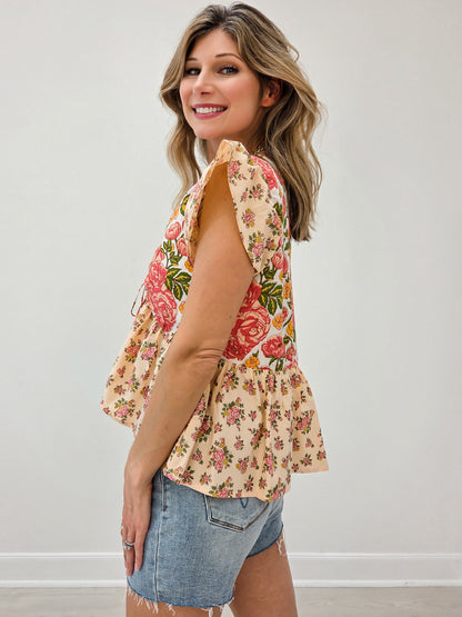 V-Neckline Mixed Print Floral Top with Flutter Sleeves