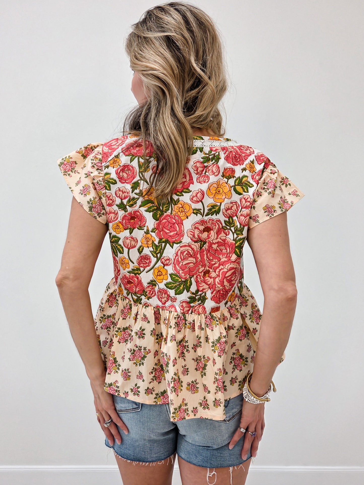 V-Neckline Mixed Print Floral Top with Flutter Sleeves