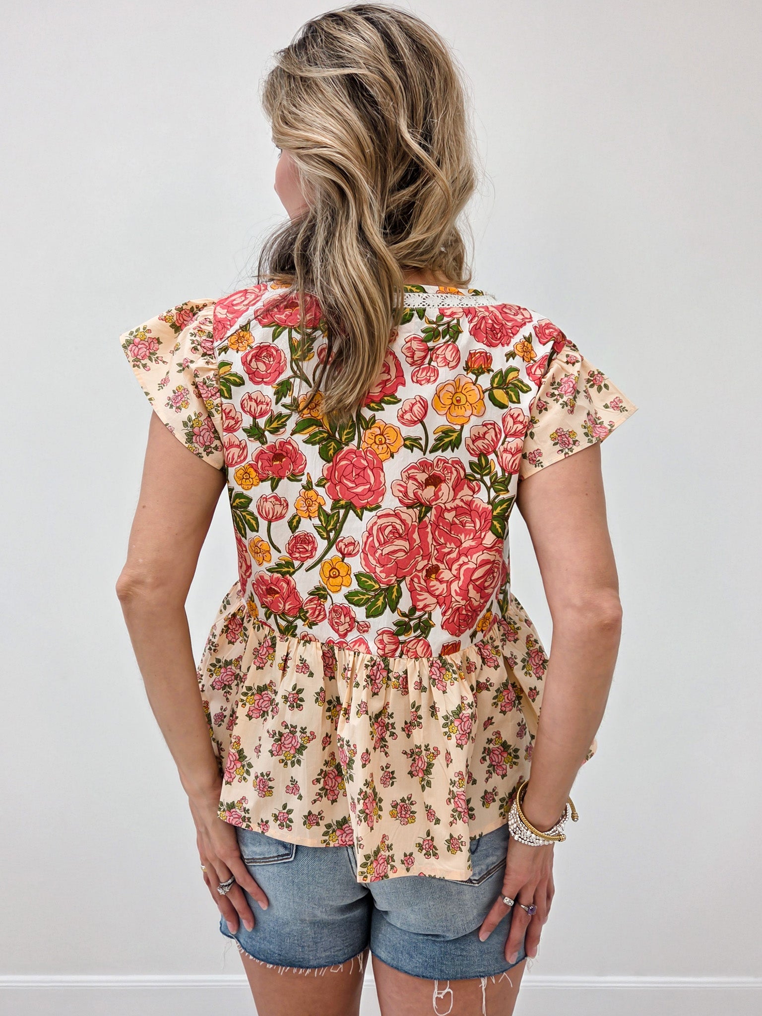 V-Neckline Mixed Print Floral Top with Flutter Sleeves
