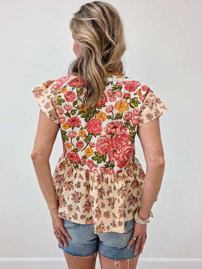 V-Neckline Mixed Print Floral Top with Flutter Sleeves