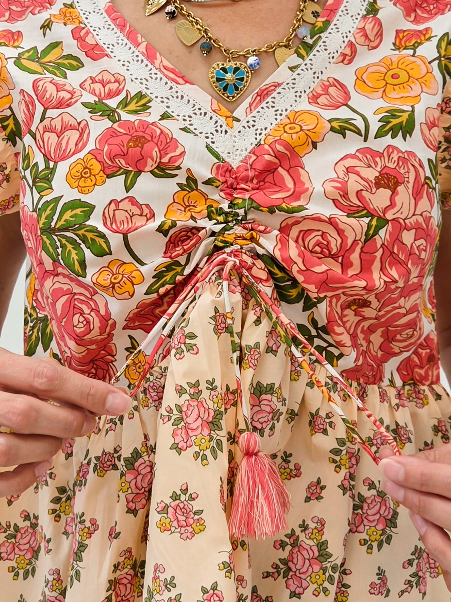 V-Neckline Mixed Print Floral Top with Flutter Sleeves