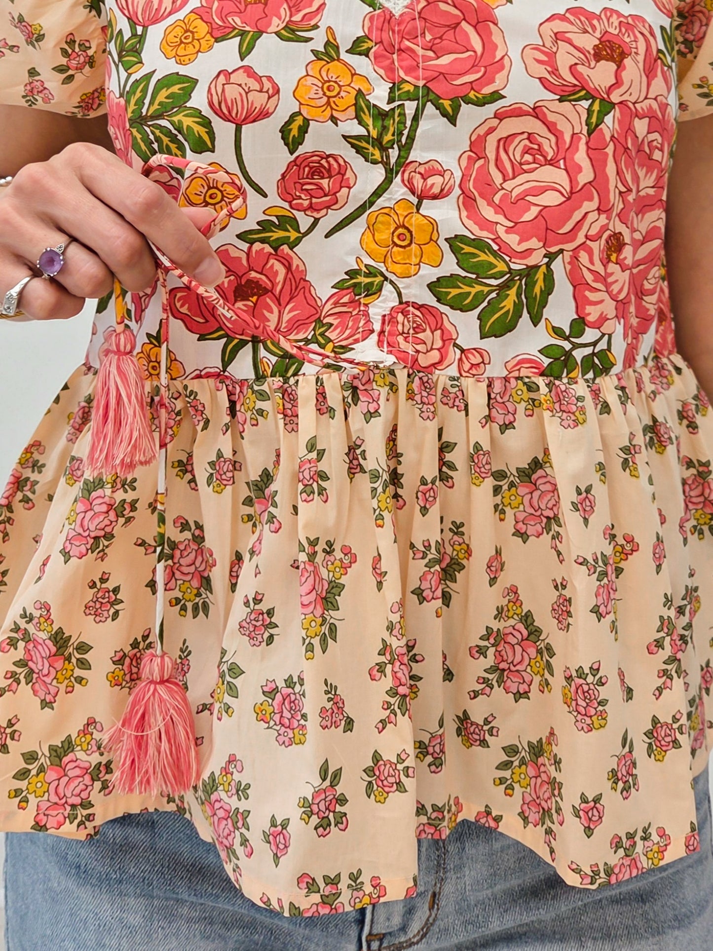 V-Neckline Mixed Print Floral Top with Flutter Sleeves