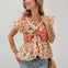 V-Neckline Mixed Print Floral Top with Flutter Sleeves