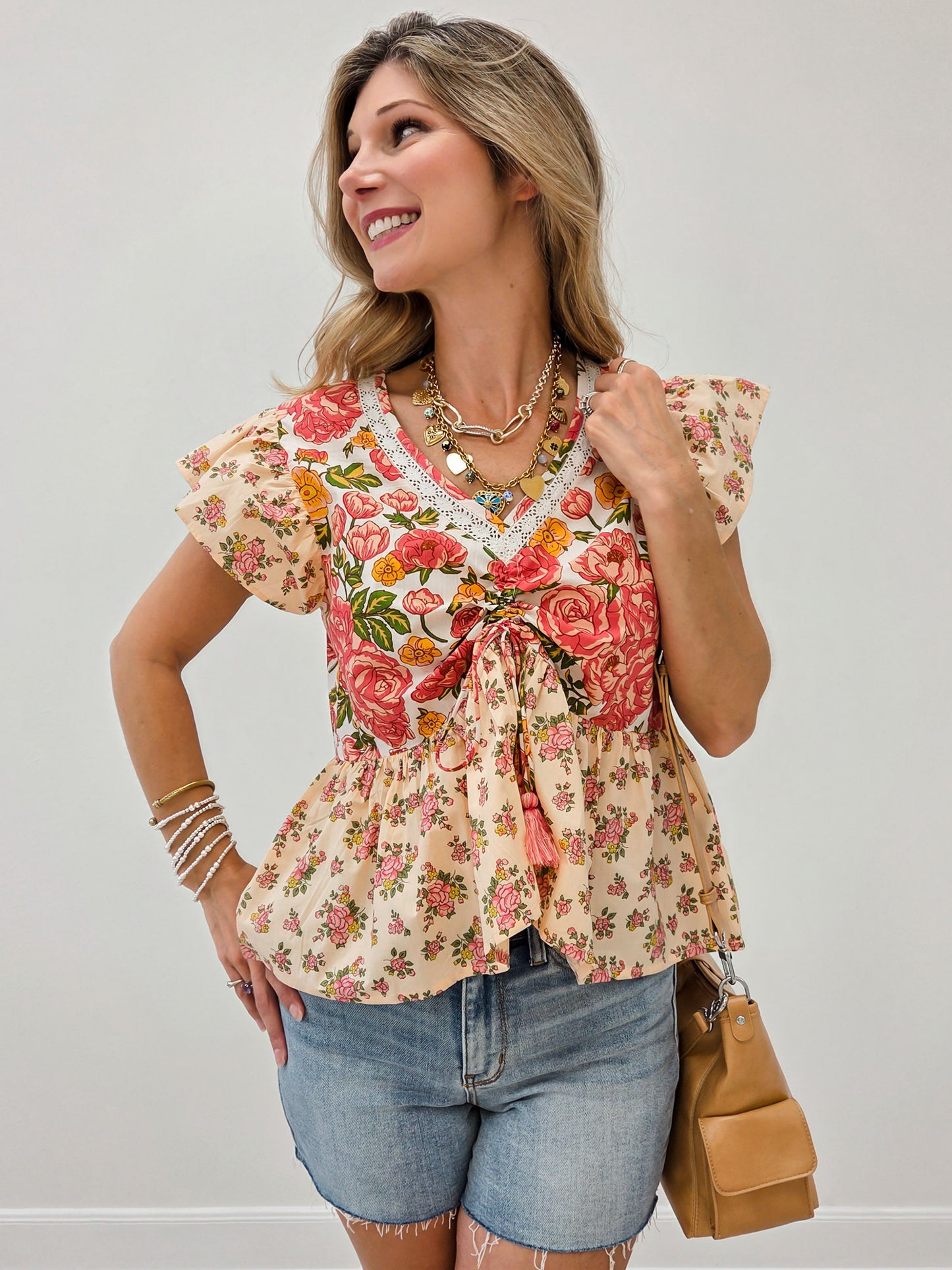 V-Neckline Mixed Print Floral Top with Flutter Sleeves