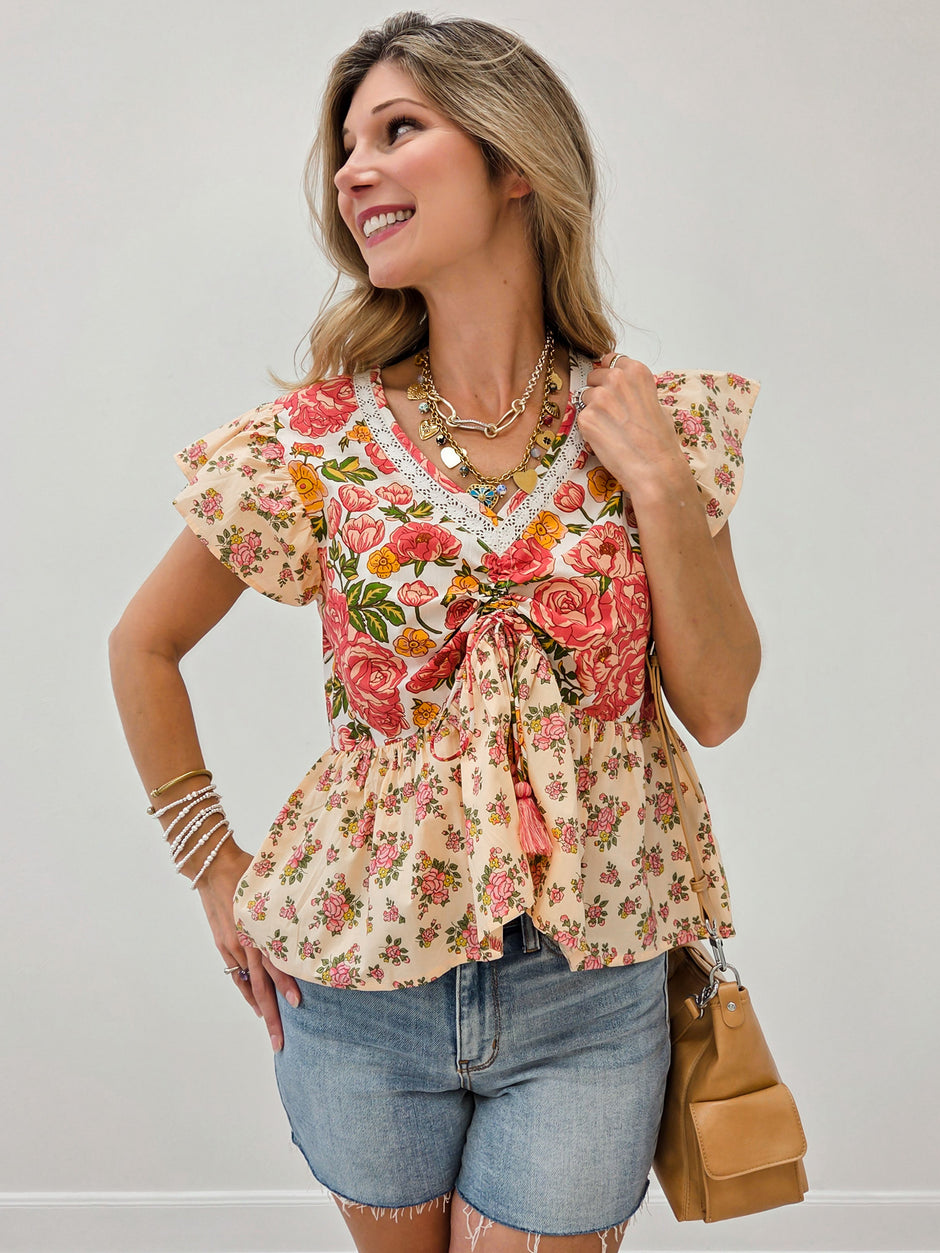 V-Neckline Mixed Print Floral Top with Flutter Sleeves