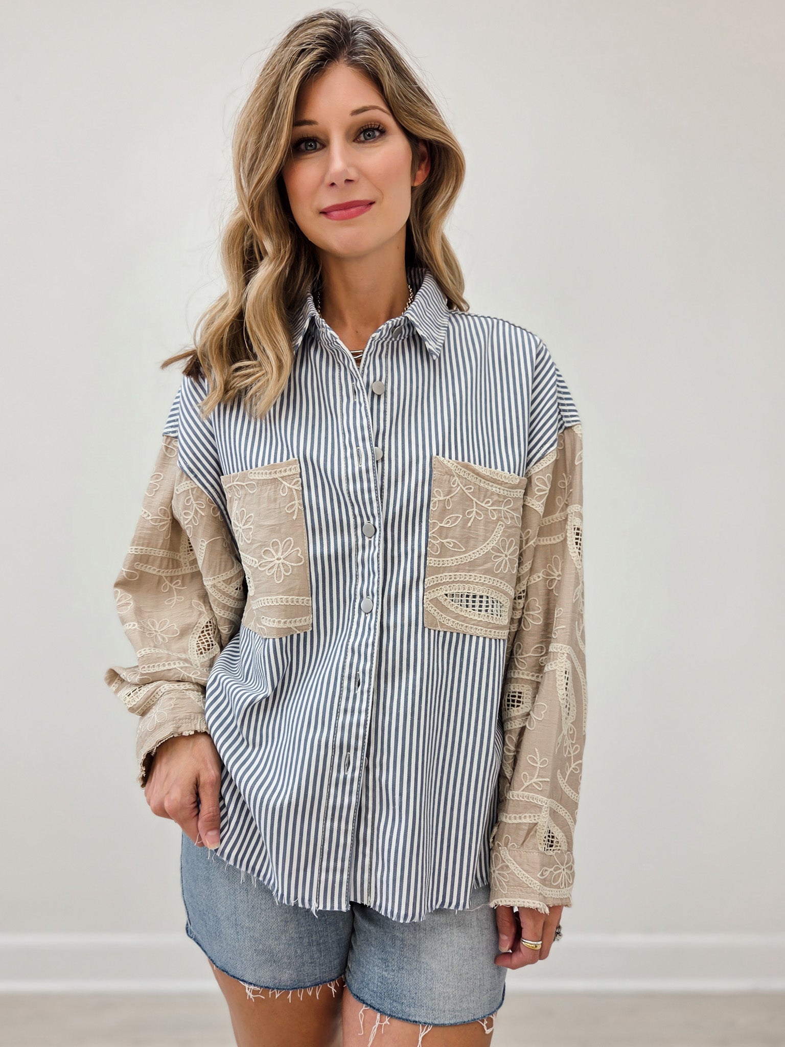 Twill Fabric Button Down Closure Blue Stripe Jacket