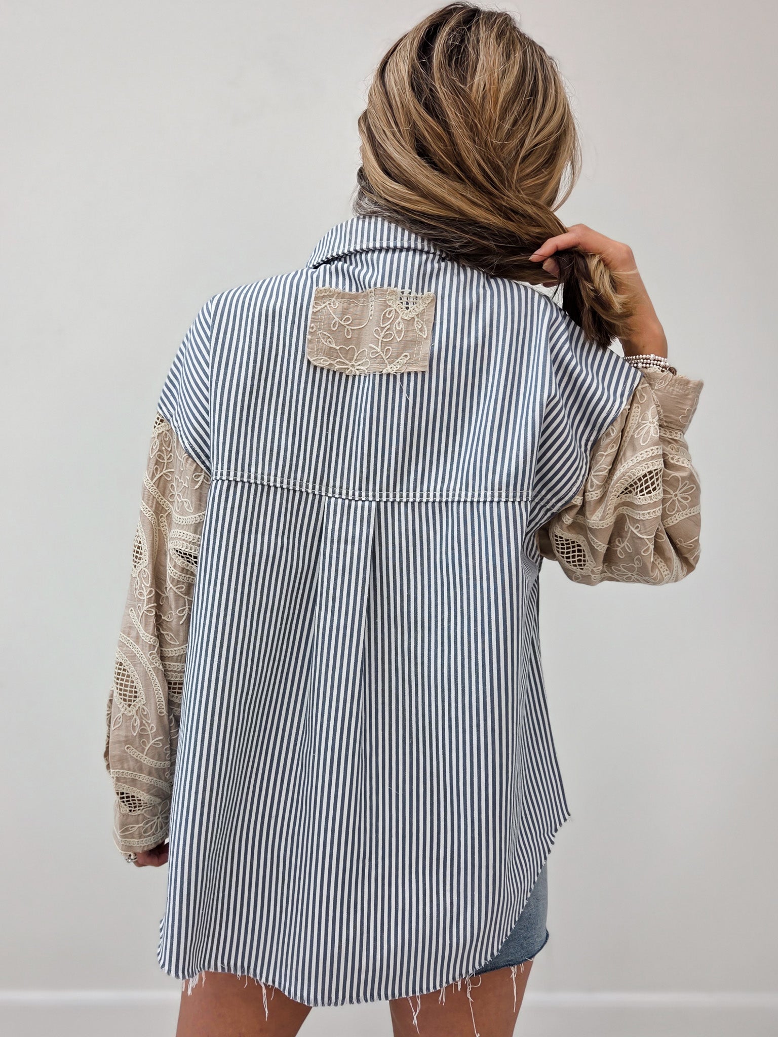 Twill Fabric Button Down Closure Blue Stripe Jacket