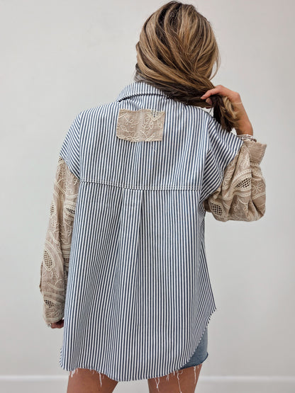 Twill Fabric Button Down Closure Blue Stripe Jacket